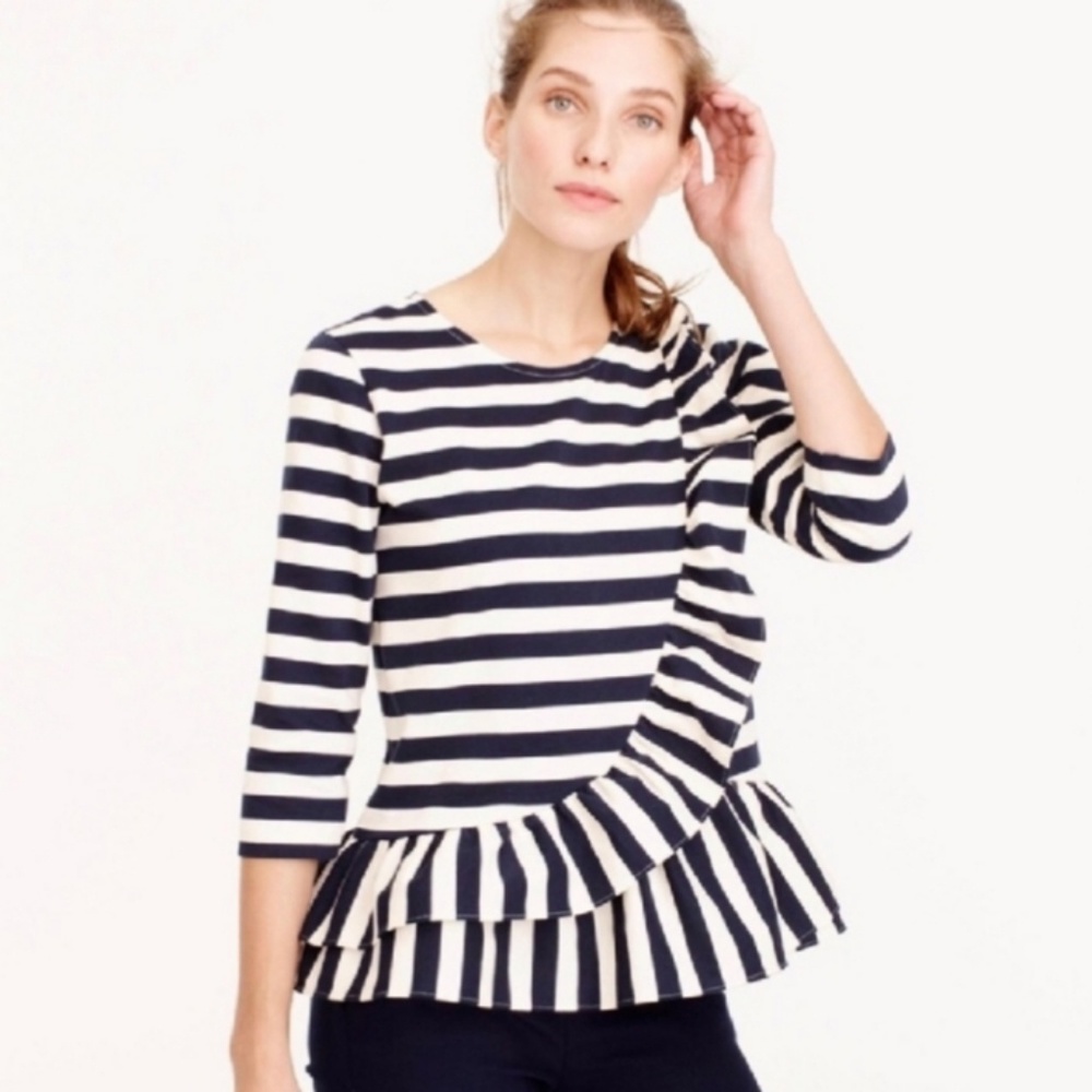 J. Crew Asymmetrical Striped Ruffle Top